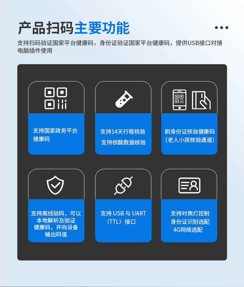 支持扫码验证国家平台健康码，身份证验证国家平台健康码，提供usb接口对接电脑插件使用