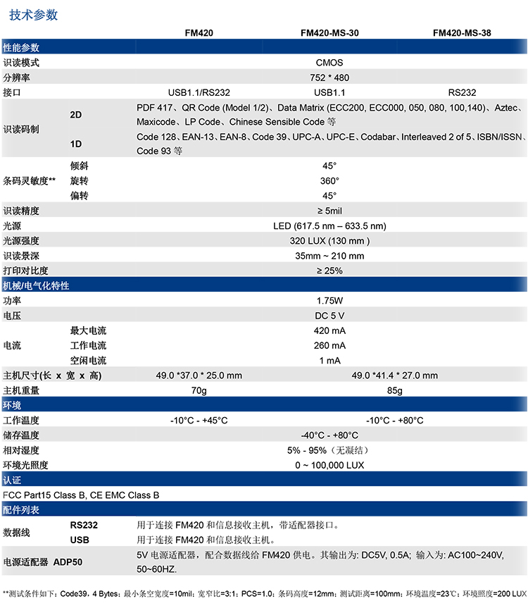 fm420二维码扫描模块的产品参数