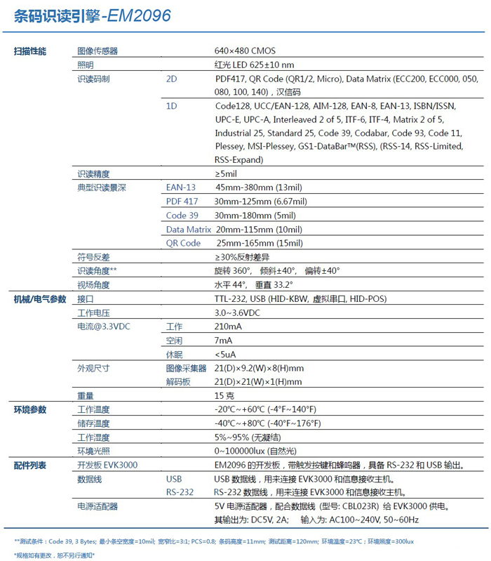 em2096条码识读引擎产品参数