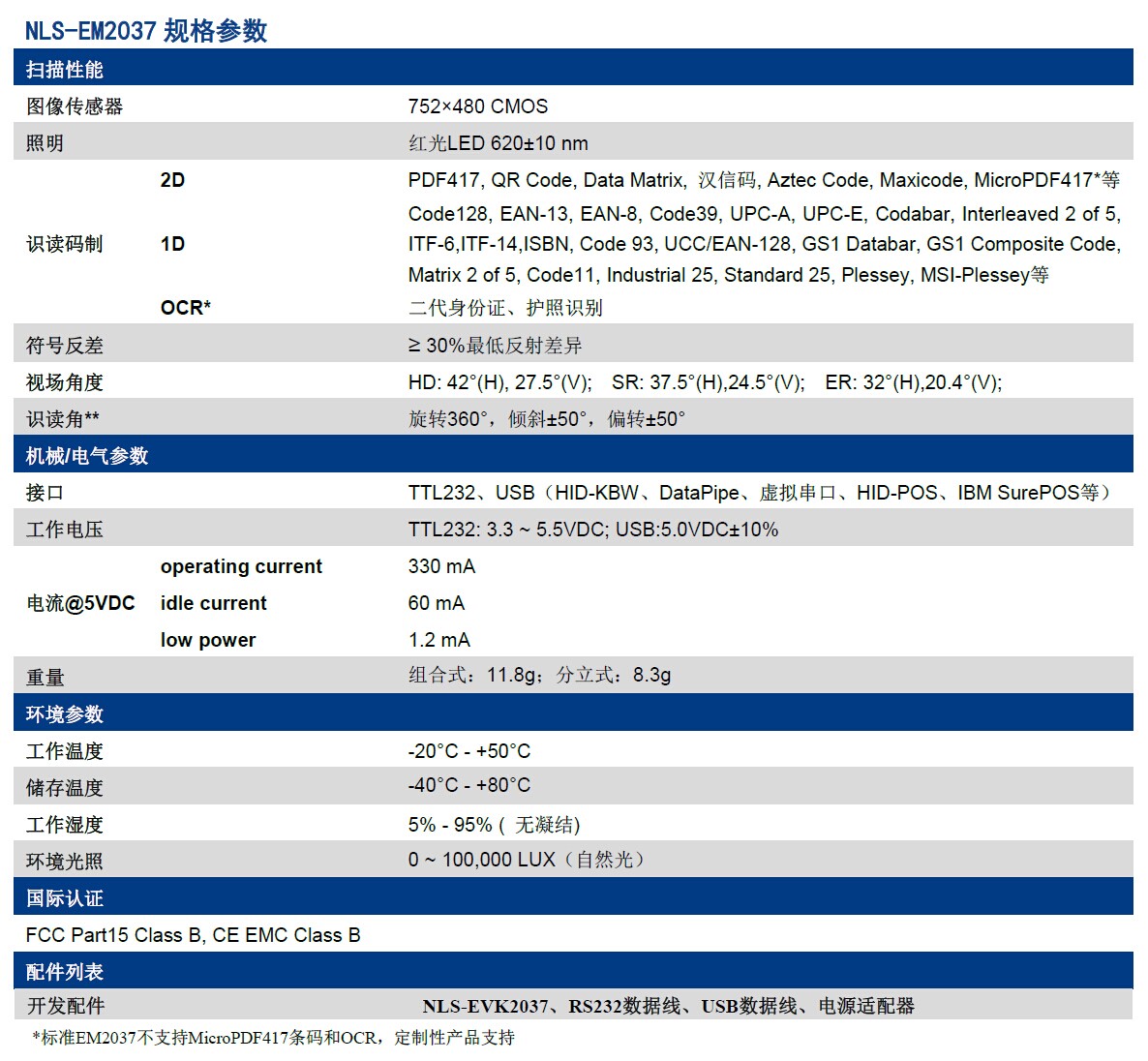 em2037二维码扫描识别模块的产品参数